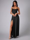 Women Sexy Backless Suspender Slit Maxi Dress