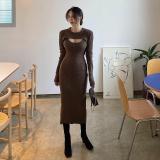 Women sexy hollow long-sleeved Top and slit suspender dress two-piece set
