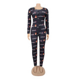 Women Round Neck Long Sleeve Printed Jumpsuit