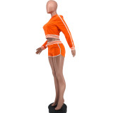 Women's Fashion Striped Patchwork Hooded Long Top Sexy Shorts Sports Two Piece Set
