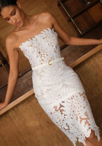 Women knitting sleeveless Strapless Lace white dress