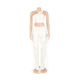 Women's Sexy Faux Leather Tank Top Lace-Up Pants Two Piece Nightclub Set