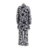 Sexy Women's Printed Long Sleeve Shirt Pants Vest Three-Piece Outfit