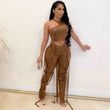 Women's Sexy Faux Leather Tank Top Lace-Up Pants Two Piece Nightclub Set