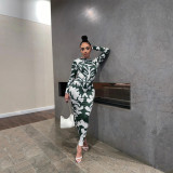 Women Patterned Long Sleeve Printed Sexy Backless Maxi Dress