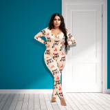 Women Round Neck Long Sleeve Printed Jumpsuit