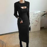 Women sexy hollow long-sleeved Top and slit suspender dress two-piece set