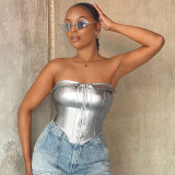 Women Turndown Collar Strapless Pu Leather Herringbone Sexy Zipper Top