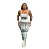 Women Printed Suspender Sexy Maxi Dress
