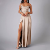 Women Sexy Backless Suspender Slit Maxi Dress