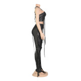 Women's Sexy Faux Leather Tank Top Lace-Up Pants Two Piece Nightclub Set