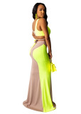 Women Sexy Contrast Color Top and Long Skirt Two-piece Set