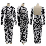 Women Patterned Long Sleeve Printed Sexy Backless Maxi Dress
