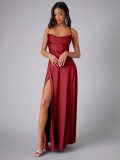 Women Sexy Backless Suspender Slit Maxi Dress