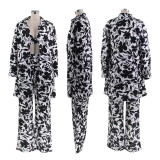 Sexy Women's Printed Long Sleeve Shirt Pants Vest Three-Piece Outfit
