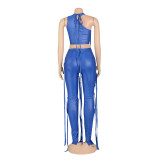 Women's Sexy Faux Leather Tank Top Lace-Up Pants Two Piece Nightclub Set