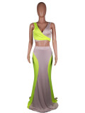Women Sexy Contrast Color Top and Long Skirt Two-piece Set