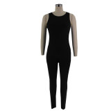 Women Solid Stretch Sleeveless Sexy Round Neck Jumpsuit