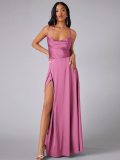 Women Sexy Backless Suspender Slit Maxi Dress