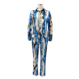 Glossy Irregular Printed Women's Shirt Pencil Pants Two Piece Set