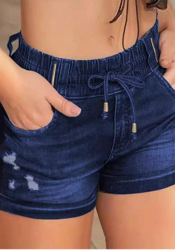 Women's High Waist Slim Fit Drawstring Ripped Denim Shorts