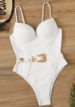 Women's Metal Belt Buckle Solid Color One-Piece Swimsuit