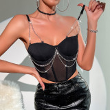 Women See-Through Mesh Patchwork Metal Chain Fishbone Crop Top