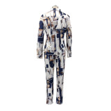 Glossy Irregular Printed Women's Shirt Pencil Pants Two Piece Set