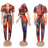 Women Turndown Collar Long Sleeve Printed Casual Two-piece Set
