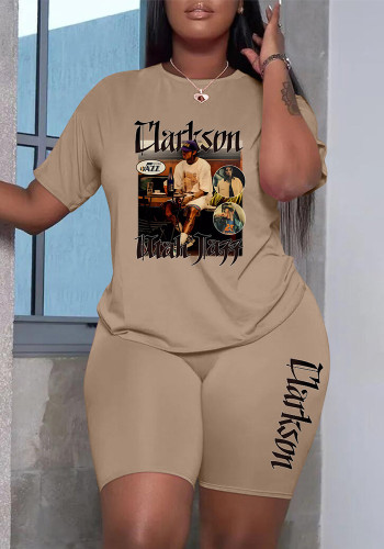 Women's Plus Size Printed Short-Sleeved Round Neck Casual T-Shirt Shorts Sports Two Piece Set