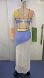 Summer Women's Crochet Long Sleeve Crop Top Casual Knitting Long Skirt Two Piece Set