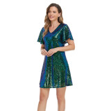 Shiny Sequin Short Sleeve V Neck Elegant Party Dress