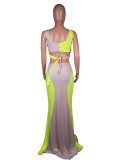 Women Sexy Contrast Color Top and Long Skirt Two-piece Set