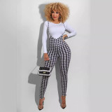 Spring Printed Long-Sleeved Slim Fit Women's Strap Casual Two Piece Pants Set
