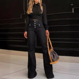 Spring Buttoned High Waist Denim Pants Women's Slim Fit Chic Bell Bottom Trousers