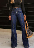 Spring Buttoned High Waist Denim Pants Women's Slim Fit Chic Bell Bottom Trousers