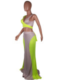 Women Sexy Contrast Color Top and Long Skirt Two-piece Set