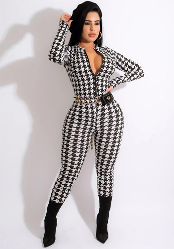 Spring Women's Plaid Print Round Neck Zipper Casual Jumpsuit