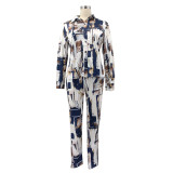 Glossy Irregular Printed Women's Shirt Pencil Pants Two Piece Set