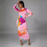 Long Sleeve High Neck Long Sleeve Fashionable Printed Long Dress