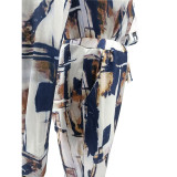 Glossy Irregular Printed Women's Shirt Pencil Pants Two Piece Set