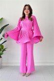 Women's Fashion Casual Belt Pleated Loose Top Wide Leg Pants Two Piece Set