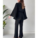 Women's Fashion Casual Belt Pleated Loose Top Wide Leg Pants Two Piece Set