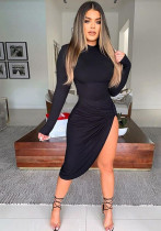 Fashionable Women's Nightclub Slim Solid Color Fashionable Long Sleeve Slit Irregular Long Dress