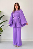 Women's Fashion Casual Belt Pleated Loose Top Wide Leg Pants Two Piece Set