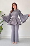 Women's Fashion Casual Belt Pleated Loose Top Wide Leg Pants Two Piece Set