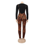 Spring Printed Long-Sleeved Slim Fit Women's Strap Casual Two Piece Pants Set