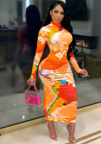 Long Sleeve High Neck Long Sleeve Fashionable Printed Long Dress