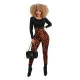 Spring Printed Long-Sleeved Slim Fit Women's Strap Casual Two Piece Pants Set