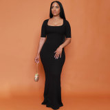 Women U-neck Short Sleeve Solid Ribbed Maxi Dress